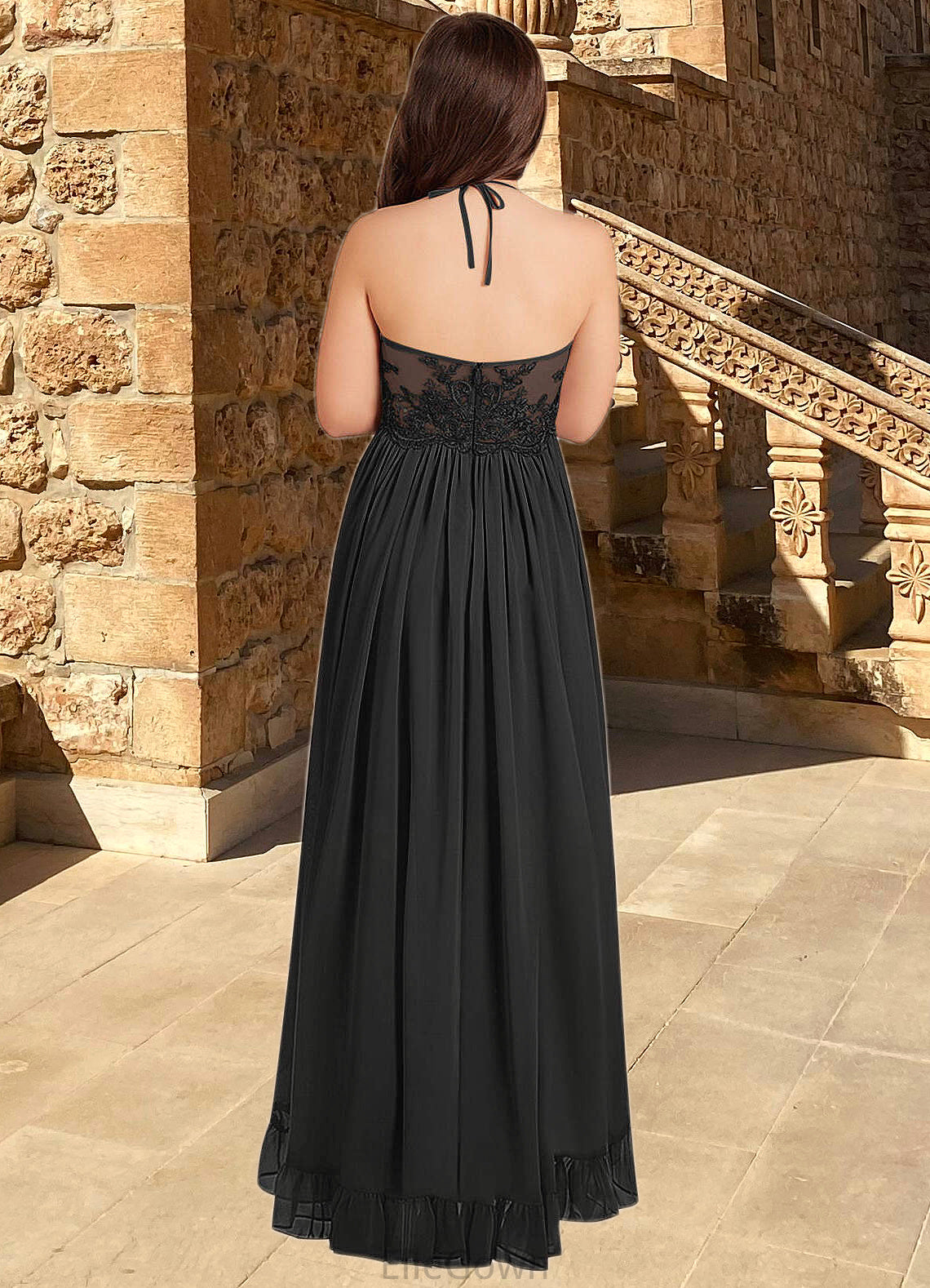 Tamia A-Line Lace Chiffon Asymmetrical Junior Bridesmaid Dress black DEP0022855