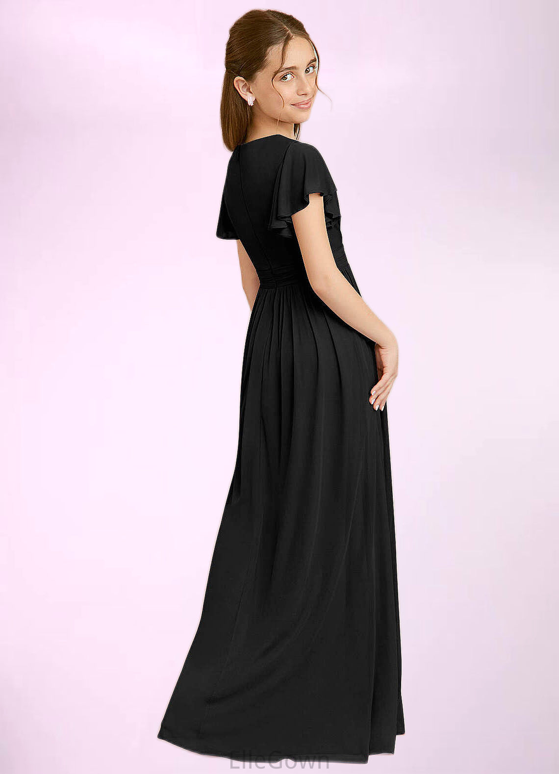 Rachael A-Line Ruched Mesh Floor-Length Junior Bridesmaid Dress black DEP0022857