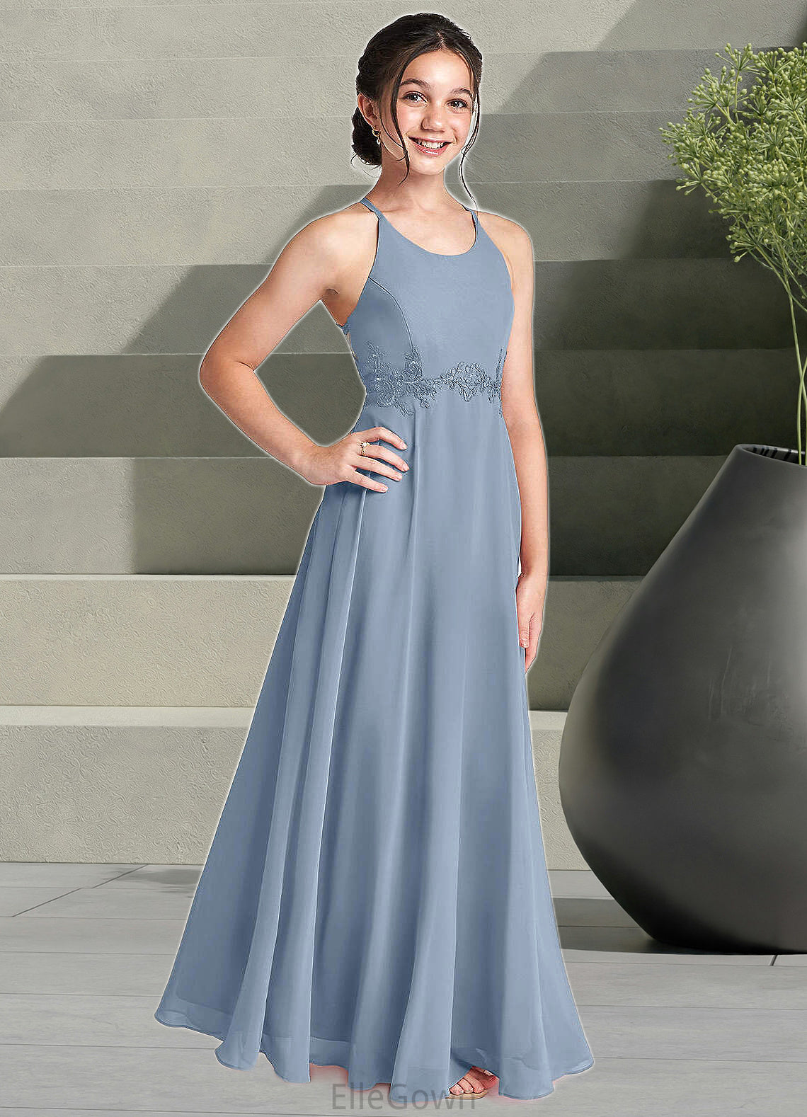 Giada A-Line Lace Chiffon Floor-Length Junior Bridesmaid Dress dusty blue DEP0022860