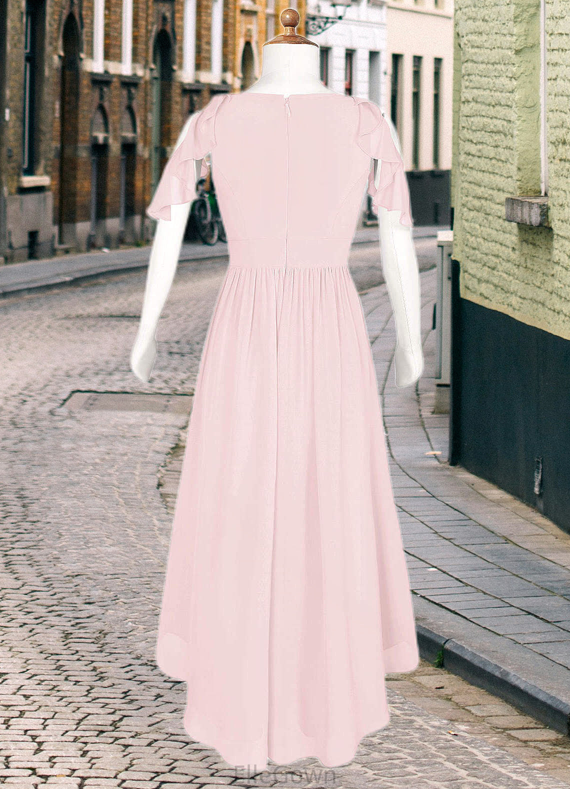 Alyson A-Line Ruched Chiffon Asymmetrical Junior Bridesmaid Dress Blushing Pink DEP0022862