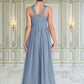 Kristin A-Line Lace Chiffon Floor-Length Junior Bridesmaid Dress dusty blue DEP0022871