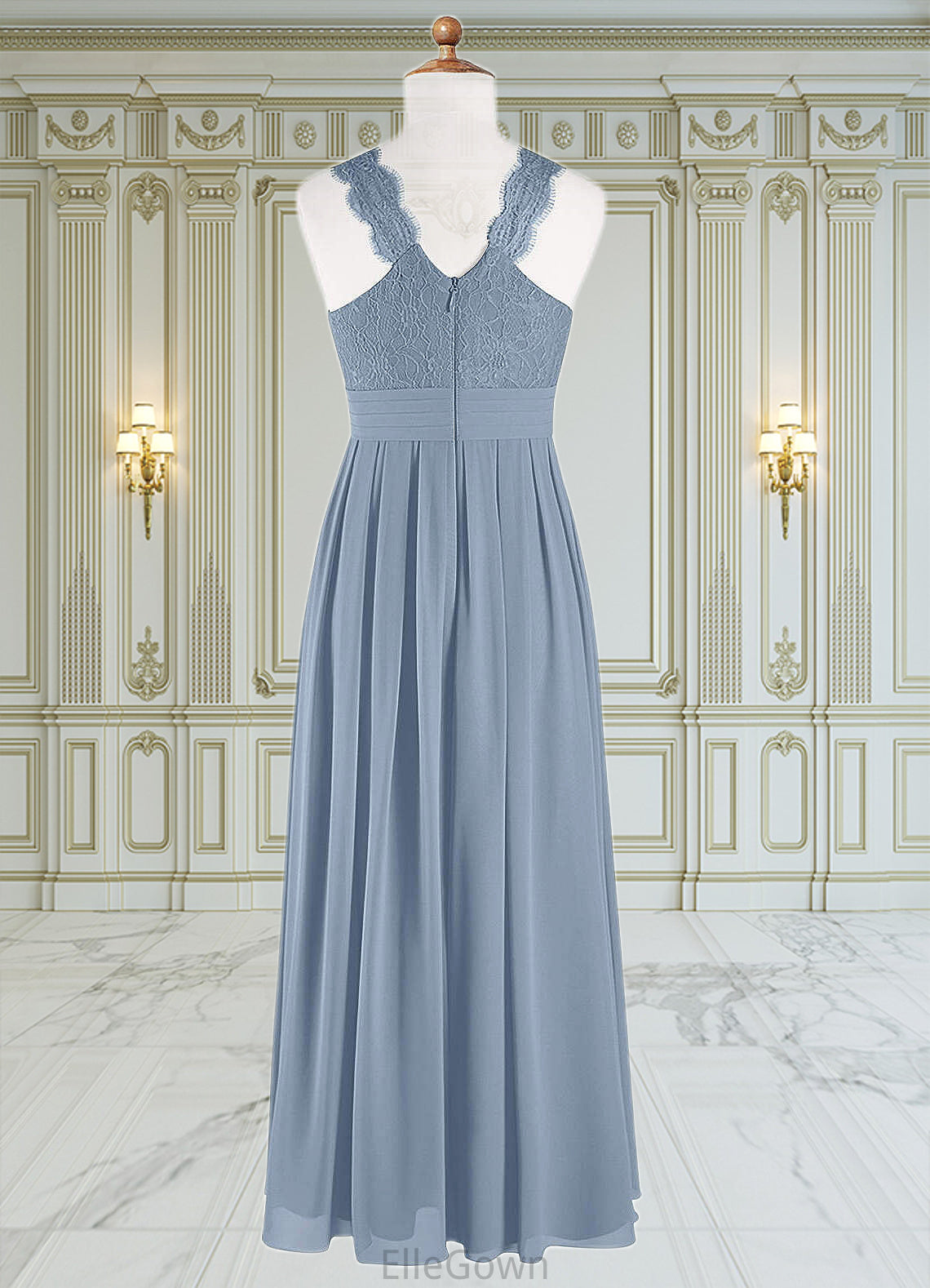 Kristin A-Line Lace Chiffon Floor-Length Junior Bridesmaid Dress dusty blue DEP0022871