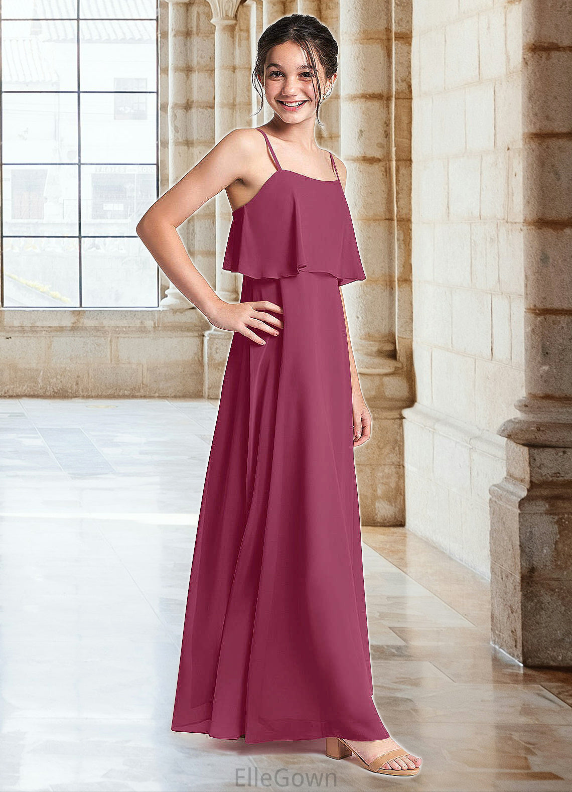 Natalya A-Line Ruched Chiffon Floor-Length Junior Bridesmaid Dress Mulberry DEP0022874