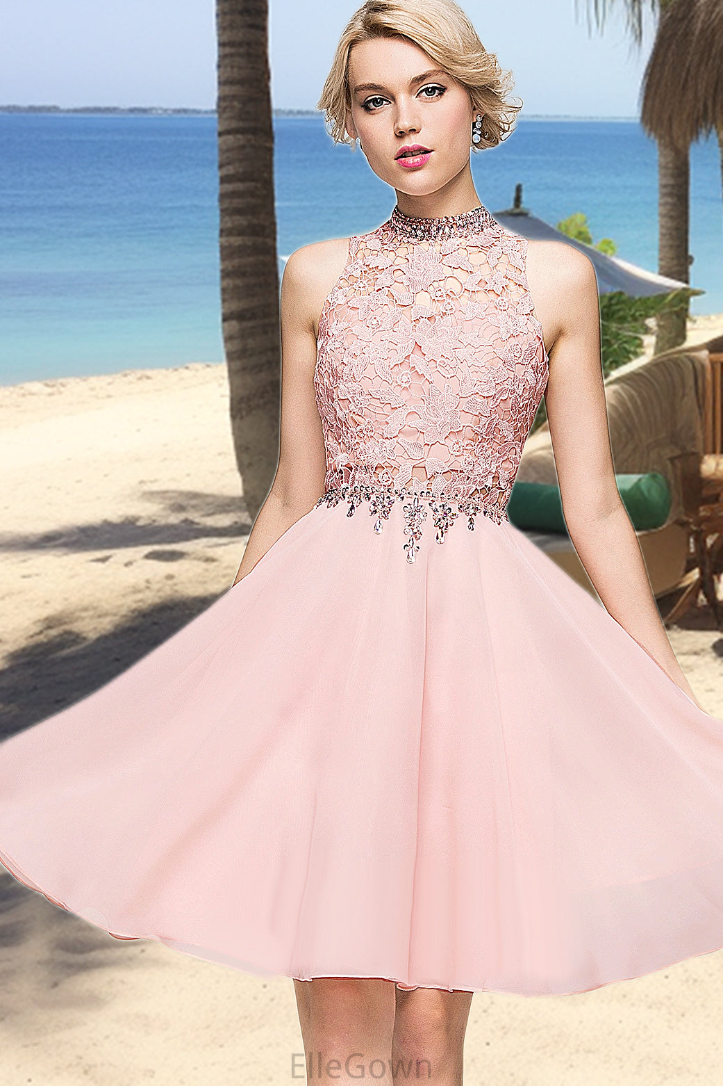 Paisley A-line High Neck Knee-Length Chiffon Lace Homecoming Dress With Beading Sequins DEP0020596