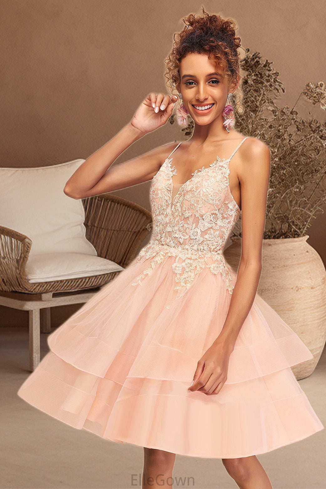 Trudie A-line V-Neck Short/Mini Lace Tulle Homecoming Dress DEP0020524