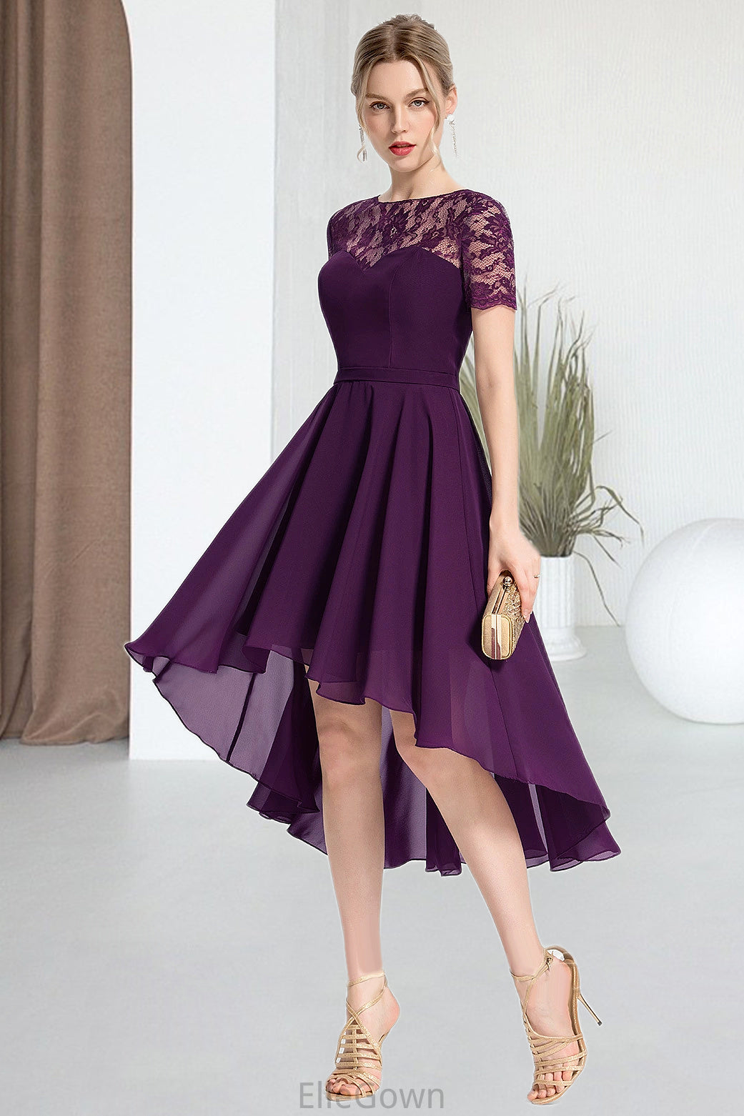 Hailie A-line Scoop Asymmetrical Chiffon Lace Homecoming Dress DEP0020587