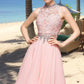 Paisley A-line High Neck Knee-Length Chiffon Lace Homecoming Dress With Beading Sequins DEP0020596