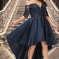 Carla A-line Off the Shoulder Asymmetrical Lace Satin Homecoming Dress With Sequins DEP0020580