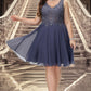 Mackenzie A-line V-Neck Short/Mini Chiffon Lace Homecoming Dress With Beading DEP0020536