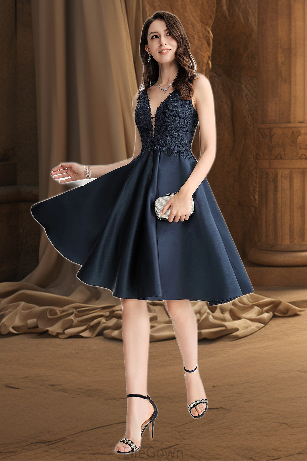 Lia A-line V-Neck Knee-Length Lace Satin Homecoming Dress With Beading DEP0020517