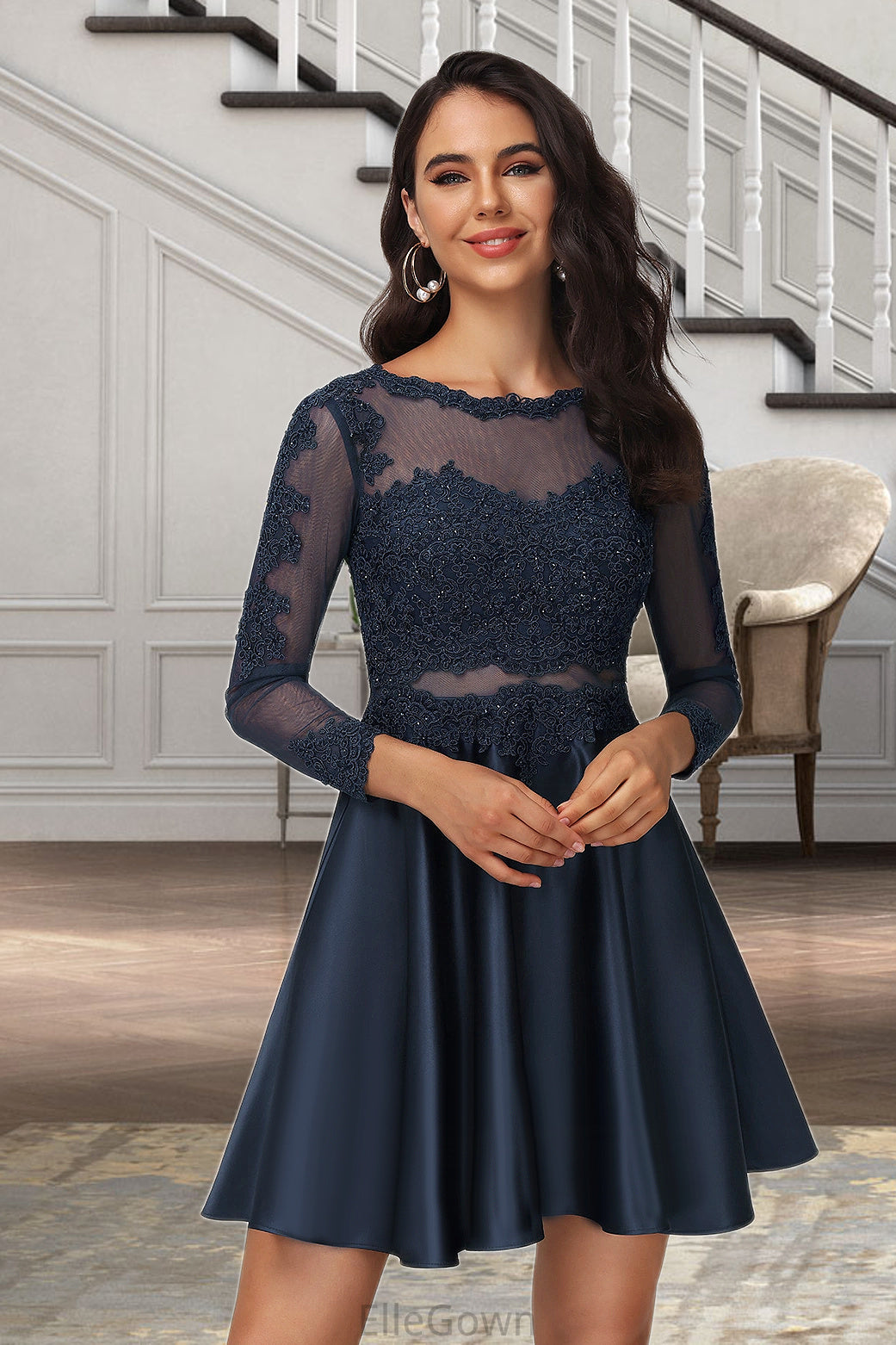 Nola A-line Scoop Short/Mini Lace Satin Homecoming Dress DEP0020494
