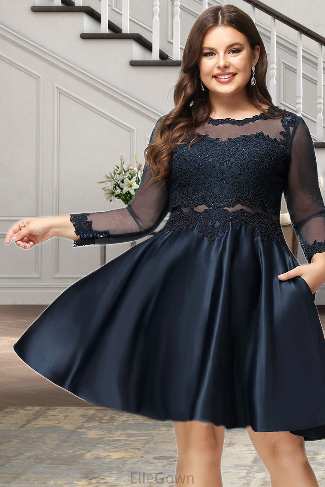Nola A-line Scoop Short/Mini Lace Satin Homecoming Dress DEP0020494