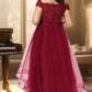 Jaylene A-line Off the Shoulder Asymmetrical Lace Tulle Homecoming Dress With Beading Bow Sequins DEP0020535