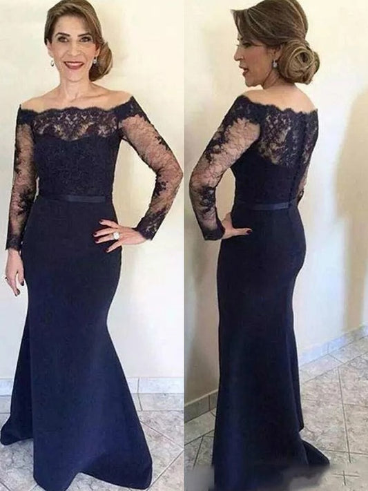 Kayley Trumpet/Mermaid Stretch Crepe Lace Off-the-Shoulder Long Sleeves Floor-Length Mother of the Bride Dresses DEP0020321