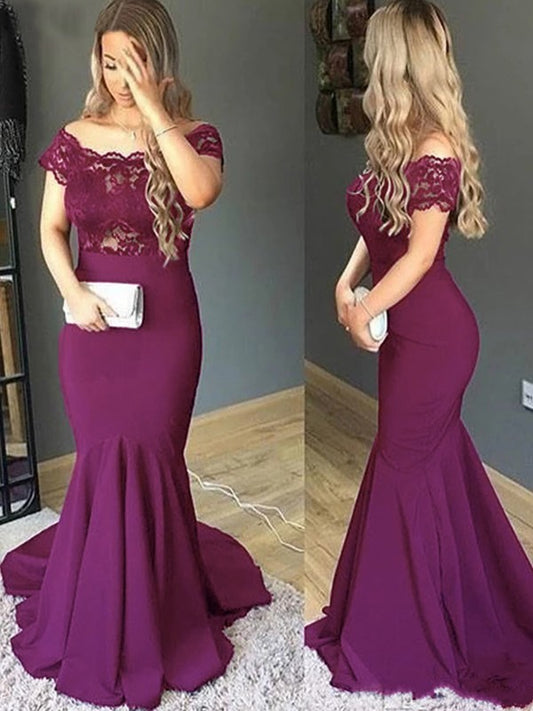 Lydia Trumpet/Mermaid Stretch Crepe Lace Off-the-Shoulder Short Sleeves Sweep/Brush Train Mother of the Bride Dresses DEP0020322