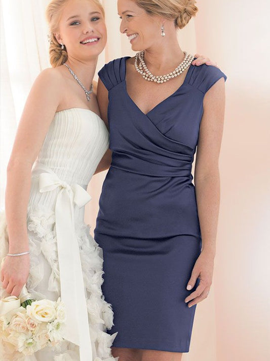 Savannah Sheath/Column Charmeuse Ruched V-neck Short Sleeves Knee-Length Mother of the Bride Dresses DEP0020327