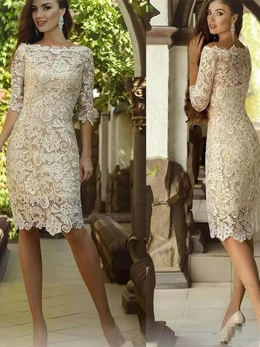 Joslyn Sheath/Column Lace Applique Off-the-Shoulder 3/4 Sleeves Knee-Length Mother of the Bride Dresses DEP0020398