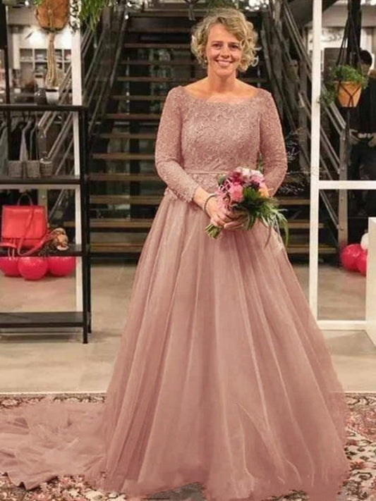 Adeline A-Line/Princess Tulle Applique Scoop Long Sleeves Court Train Mother of the Bride Dresses DEP0020413