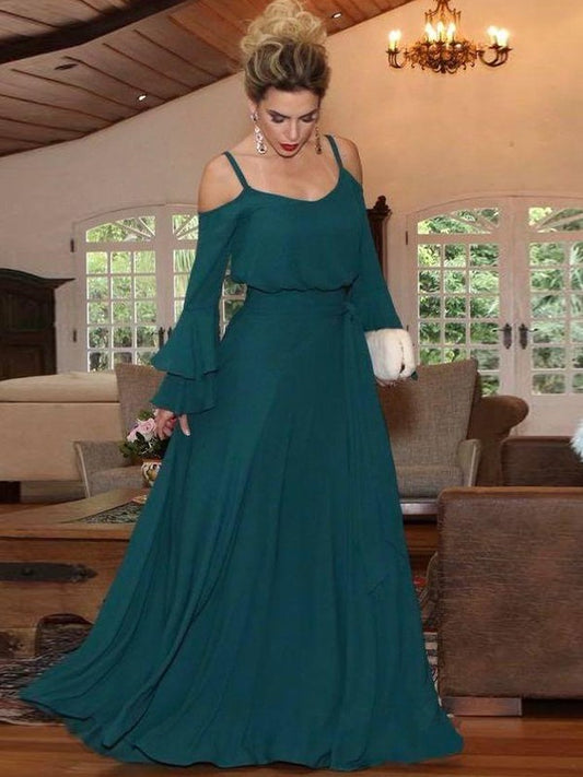 Marlene A-Line/Princess Chiffon Ruffles Square Long Sleeves Floor-Length Mother of the Bride Dresses DEP0020433