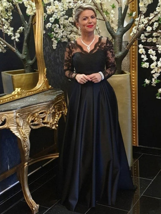 Leah A-Line/Princess Satin Lace V-neck Long Sleeves Sweep/Brush Train Mother of the Bride Dresses DEP0020439