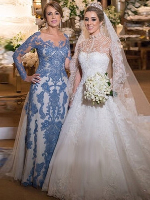 Mallory Sheath/Column Tulle Lace Scoop Long Sleeves Sweep/Brush Train Mother of the Bride Dresses DEP0020371