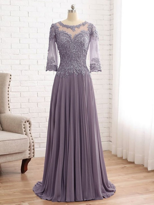 Kamora A-Line/Princess Chiffon Lace Scoop 3/4 Sleeves Sweep/Brush Train Mother of the Bride Dresses DEP0020455