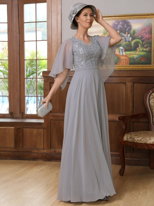 Lillian A-Line/Princess Chiffon Applique V-neck 1/2 Sleeves Floor-Length Mother of the Bride Dresses DEP0020334