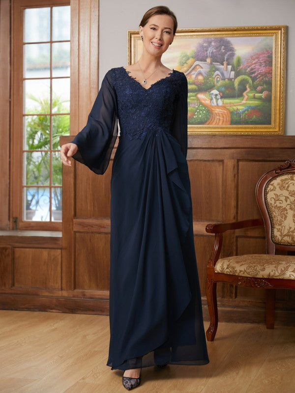 Amelia A-Line/Princess Chiffon Applique V-neck Long Sleeves Floor-Length Mother of the Bride Dresses DEP0020335