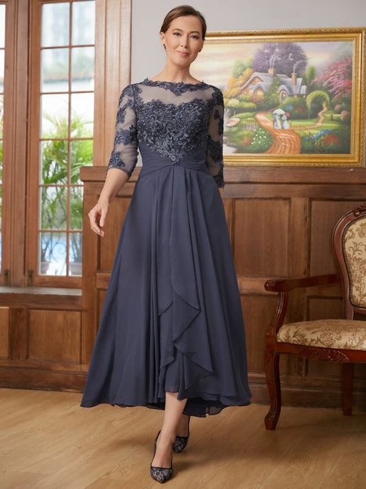 Joan A-Line/Princess Chiffon Applique Scoop 3/4 Sleeves Asymmetrical Mother of the Bride Dresses DEP0020346