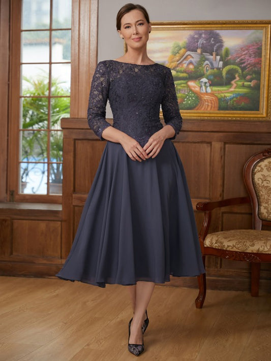 Rosa A-Line/Princess Chiffon Lace Scoop 3/4 Sleeves Tea-Length Mother of the Bride Dresses DEP0020347