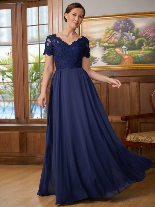 Aiyana A-Line/Princess Chiffon Lace V-neck Short Sleeves Floor-Length Mother of the Bride Dresses DEP0020311
