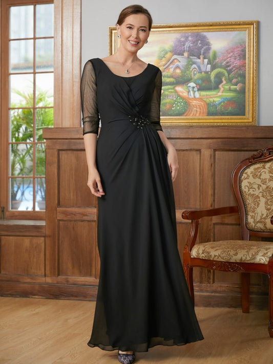 Jaden A-Line/Princess Chiffon Ruched Scoop 3/4 Sleeves Floor-Length Mother of the Bride Dresses DEP0020336