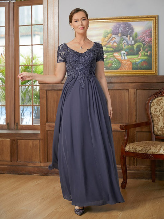 Hazel A-Line/Princess Chiffon Applique V-neck Short Sleeves Floor-Length Mother of the Bride Dresses DEP0020337