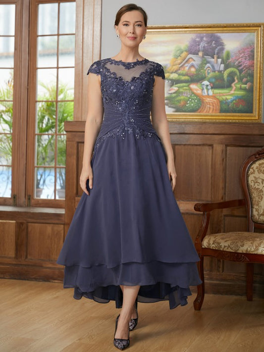Elva A-Line/Princess Chiffon Applique Scoop Short Sleeves Asymmetrical Mother of the Bride Dresses DEP0020307