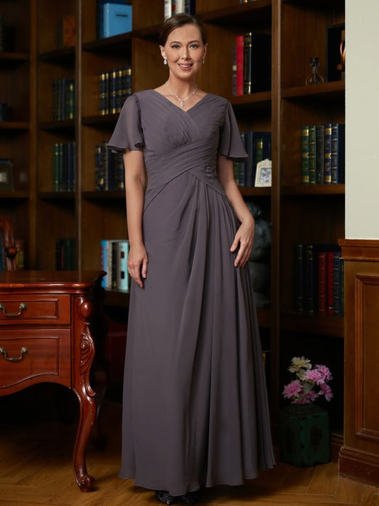 Charity A-Line/Princess Chiffon Ruched V-neck Short Sleeves Floor-Length Mother of the Bride Dresses DEP0020304
