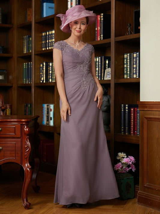 Shania Sheath/Column Chiffon Lace V-neck Short Sleeves Floor-Length Mother of the Bride Dresses DEP0020339