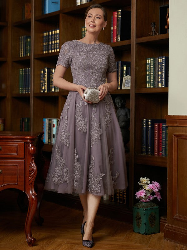 Layla A-Line/Princess Chiffon Lace Scoop Short Sleeves Tea-Length Mother of the Bride Dresses DEP0020302