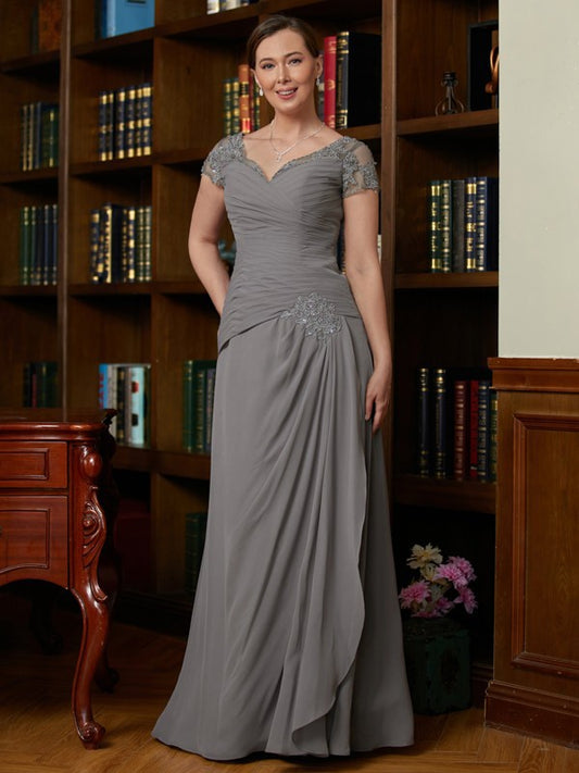 Nathaly A-Line/Princess Chiffon Applique Sweetheart Short Sleeves Floor-Length Mother of the Bride Dresses DEP0020328