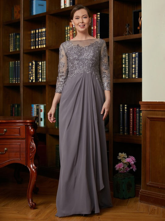 Selah A-Line/Princess Chiffon Lace Scoop 3/4 Sleeves Floor-Length Mother of the Bride Dresses DEP0020341