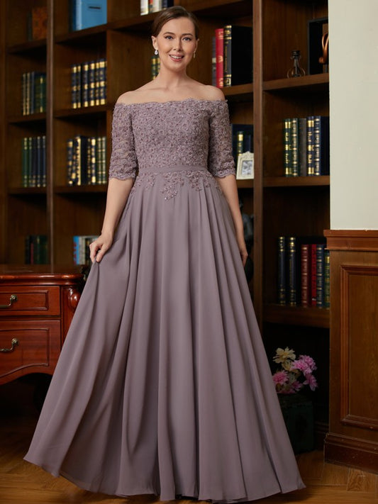 Violet A-Line/Princess Chiffon Applique Off-the-Shoulder 3/4 Sleeves Floor-Length Mother of the Bride Dresses DEP0020308