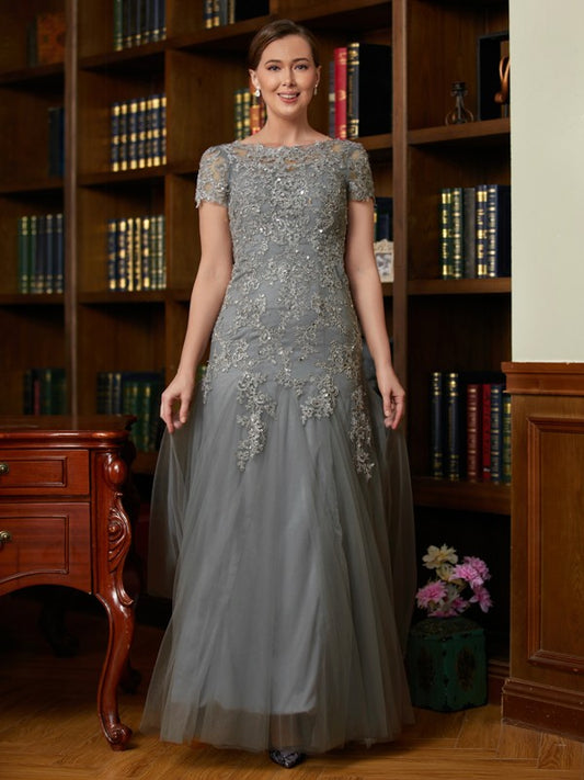 Avery A-Line/Princess Tulle Lace Scoop Short Sleeves Floor-Length Mother of the Bride Dresses DEP0020310