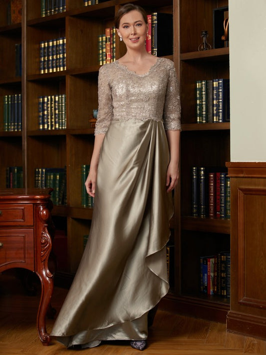 Kendall A-Line/Princess Silk Like Satin Lace V-neck 3/4 Sleeves Sweep/Brush Train Mother of the Bride Dresses DEP0020342