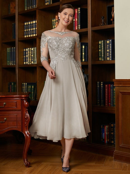 Mercedes A-Line/Princess Chiffon Lace Scoop 3/4 Sleeves Tea-Length Mother of the Bride Dresses DEP0020300