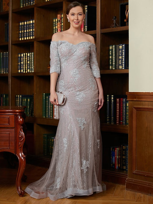 Stella Sheath/Column Lace Applique Off-the-Shoulder 3/4 Sleeves Sweep/Brush Train Mother of the Bride Dresses DEP0020331