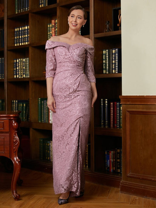 Bella Sheath/Column Satin Lace Off-the-Shoulder 3/4 Sleeves Floor-Length Mother of the Bride Dresses DEP0020343