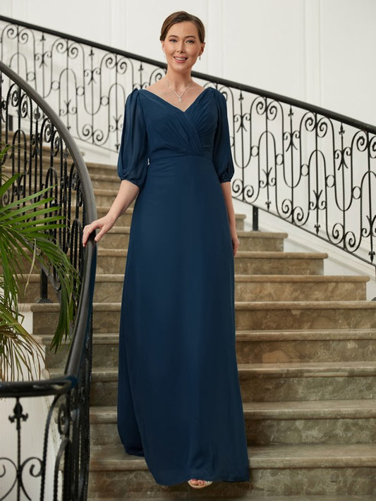 Brenna A-Line/Princess Chiffon Ruched V-neck 1/2 Sleeves Floor-Length Mother of the Bride Dresses DEP0020344