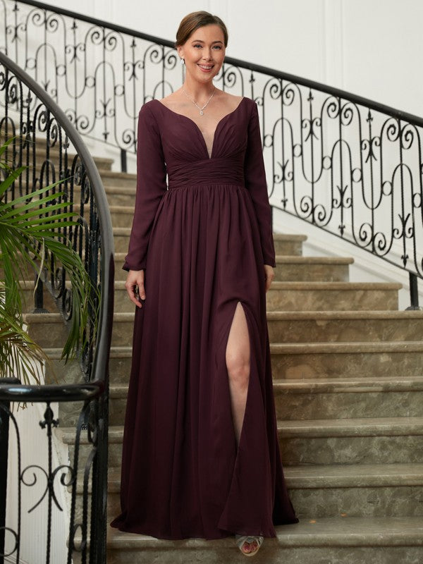 Allison A-Line/Princess Chiffon Ruched V-neck Long Sleeves Floor-Length Mother of the Bride Dresses DEP0020345