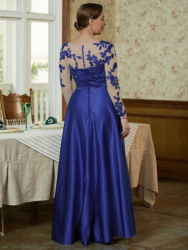 Riley A-Line/Princess Satin Applique V-neck Long Sleeves Floor-Length Mother of the Bride Dresses DEP0020358