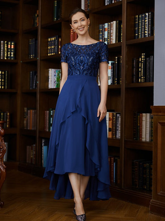 Val A-Line/Princess Chiffon Applique Bateau Short Sleeves Asymmetrical Mother of the Bride Dresses DEP0020281