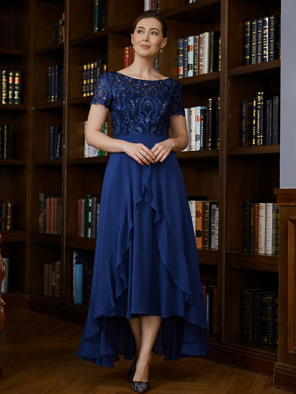 Val A-Line/Princess Chiffon Applique Bateau Short Sleeves Asymmetrical Mother of the Bride Dresses DEP0020281